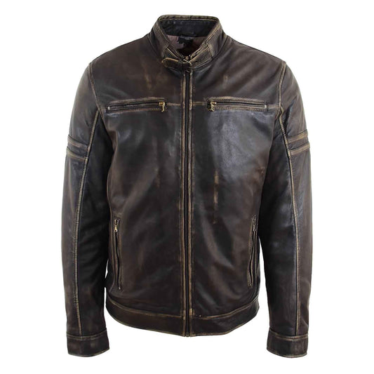 Mens Real Leather Biker Jacket Vintage Rub Off Effect