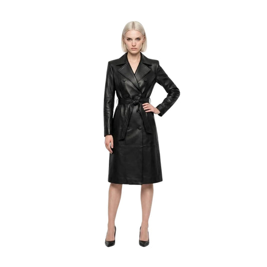 The Marlowe Women's Black Cowhide Leather Midi Trench Coat