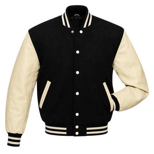 American black wool varsity jacket with cream sleeves front view
