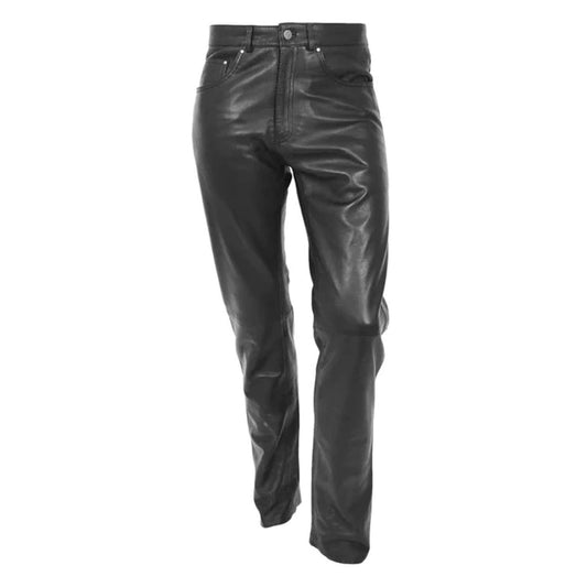 Classic black mens leather pant straight leg genuine leather trousers front view with button closure and five-pocket design