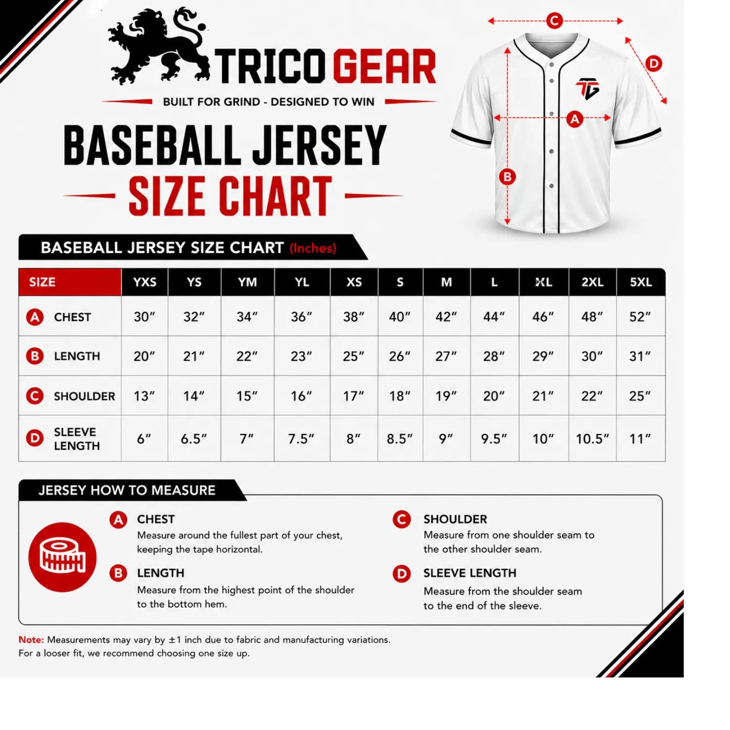 Custom black and white baseball jersey size chart with chest, length, shoulder and sleeve measurements