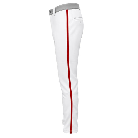 Custom full-length baseball pants with red side stripe side view