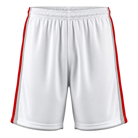 Custom soccer shorts with personalized name and number, white design with red side stripes