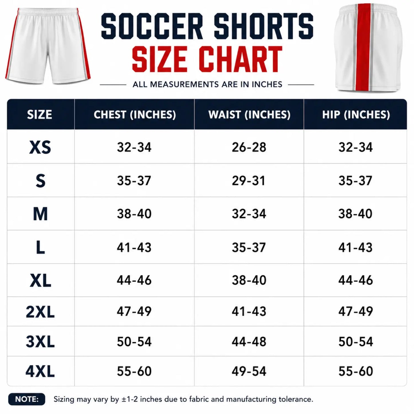 Custom soccer shorts size chart with XS to 4XL measurements for chest, waist, and hip in inches