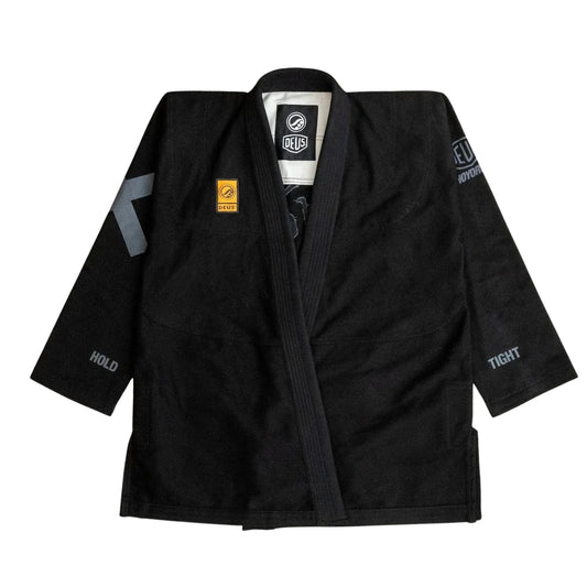Deus Ex Machina x Shoyoroll black BJJ Gi front view with embroidered logos and contrast details