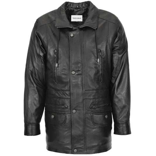 Men's black genuine leather winter car coat hip length front view with six pockets and snap button closure
