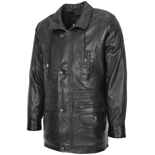 ngled view of men's black genuine leather winter car coat with multiple utility pockets and premium finish
