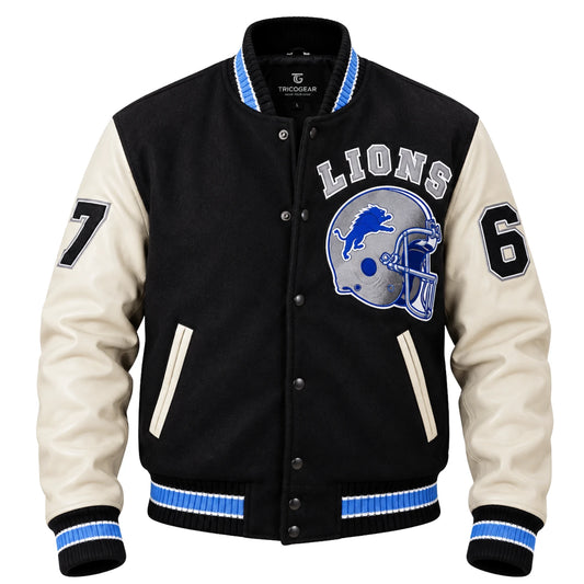 Men’s black and white leather sleeve letterman biker jacket front view