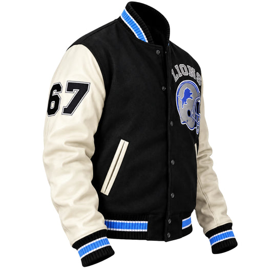 Men’s black and white leather sleeve letterman biker jacket three-quarter view