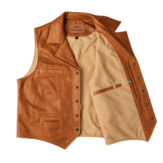 Men’s Brown Western Cowboy Leather Vest with genuine leather finish and button closure
