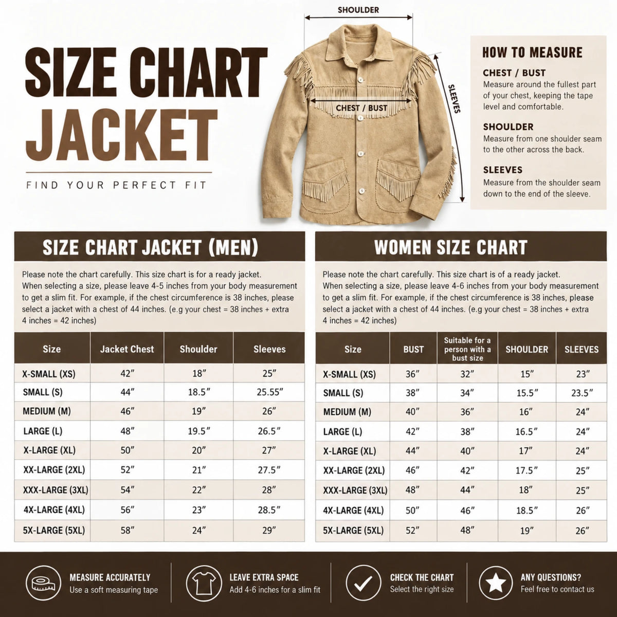Size chart for men’s brown western suede leather jacket with fringe details