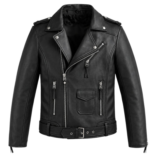 Men’s classic biker leather jacket front view with asymmetrical zipper and belt