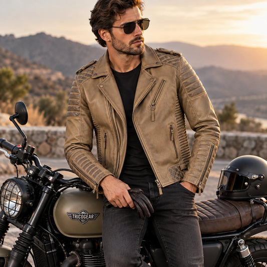 Men’s desert brown waxed leather biker jacket worn by a male motorcycle rider beside a vintage motorcycle