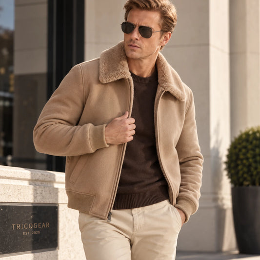 Men’s genuine leather B3 flight jacket with shearling collar front view