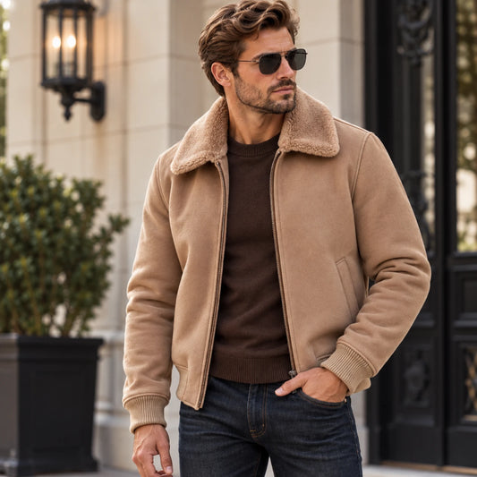 Men’s genuine leather B3 flight jacket with shearling collar worn by male model