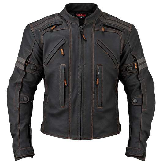 Men’s Street motorcycle matte black leather armored jacket front view