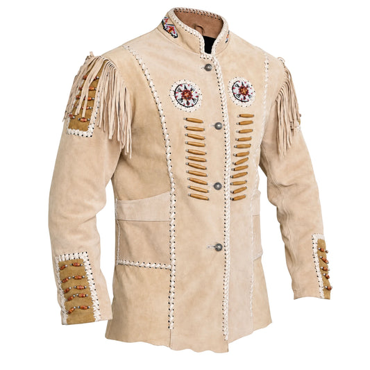 Men’s Western genuine leather coat front view with fringed shoulders, beaded detailing, and cowboy styling