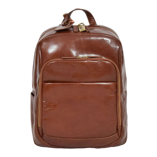 Front view of the premium Peru Tan leather backpack featuring high-gloss finish, dual zippered compartments, and an attached leather luggage tag