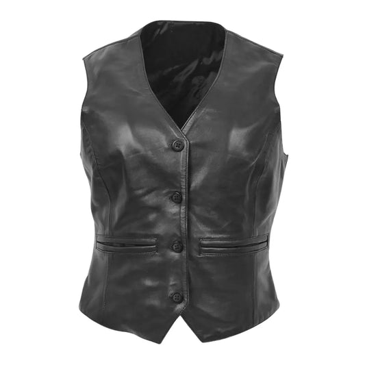 Front view of the Rita Black Womens Leather Classic Buttoned Waistcoat showcasing its V-neckline, four-button closure, and double front welt pockets