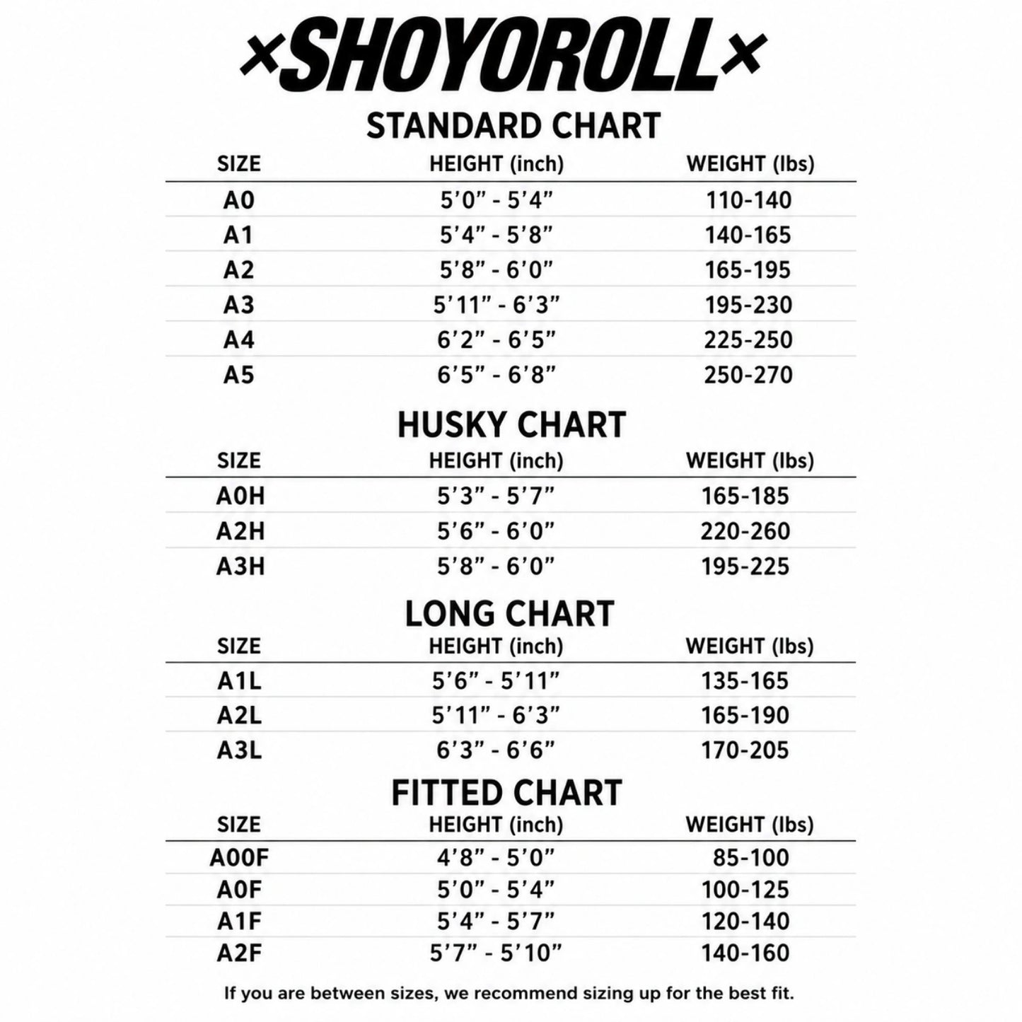 Shoyoroll Batch 111 Yu Nagaba BJJ Gi size chart with standard, husky, long and fitted sizes