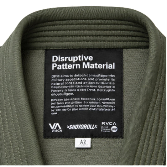 Shoyoroll Batch 114 RVCA x DPM olive BJJ gi collar and DPM label detail