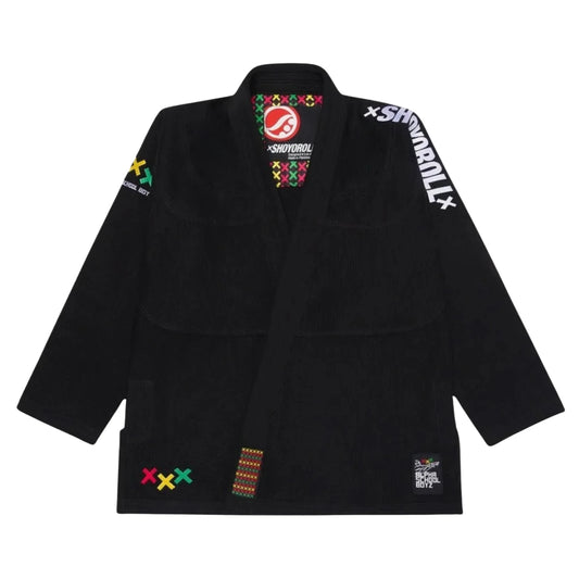 Shoyoroll Batch 30 Like Cheese black BJJ Gi front view with colorful X design