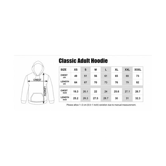 Shoyoroll Batch 31 UND gray hoodie size chart showing chest and length measurements from XS to XXXL
