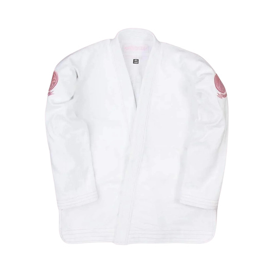 Shoyoroll Batch 77 Rebel Grappler white BJJ Gi front view with 450 GSM pearl weave jacket