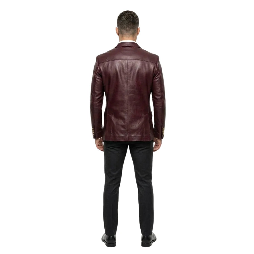 The Bordeaux mens genuine burgundy cowhide leather blazer back view center vent and dark saddle stitching