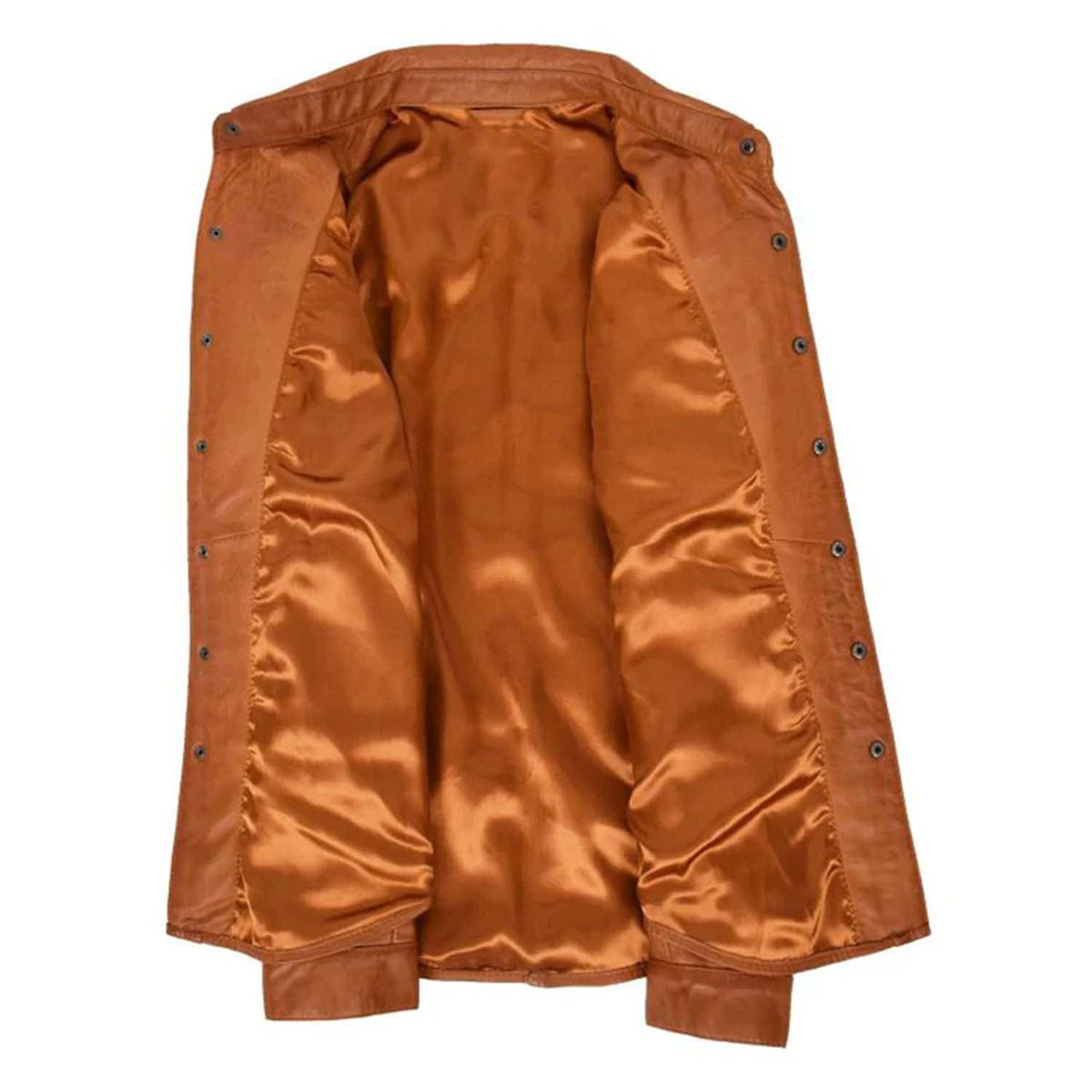 Interior view of the open mens brown leather trucker style shirt revealing its smooth, tonal copper satin lining and neat inner edge stitching