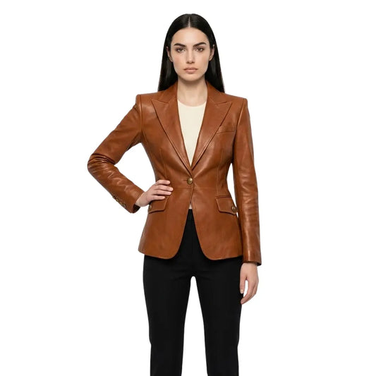 The Florence womens genuine cognac brown cowhide leather blazer front view peaked lapels antique gold button by Trico Gear