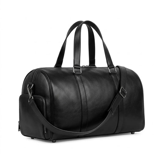 The Hawke genuine black cowhide leather duffle bag front view gunmetal hardware flat handles modern design by Trico Gear