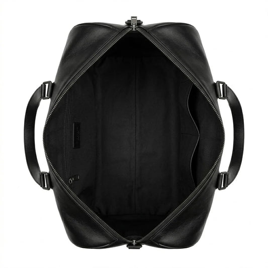 The Hawke genuine black leather duffle bag open interior showing black lining zippered pocket gunmetal details by Trico Gear