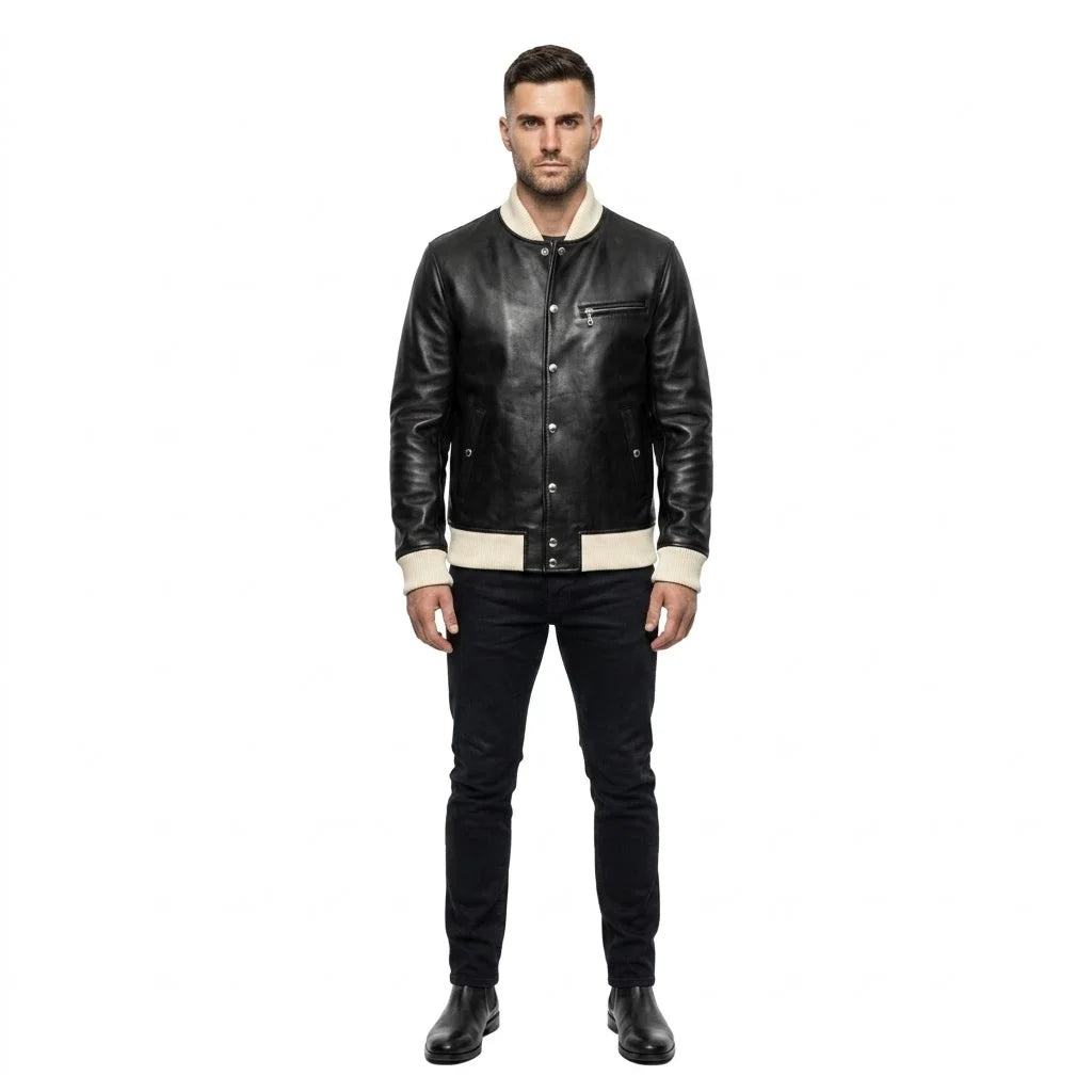 The Lennox Men's Genuine Black Leather Varsity Jacket
