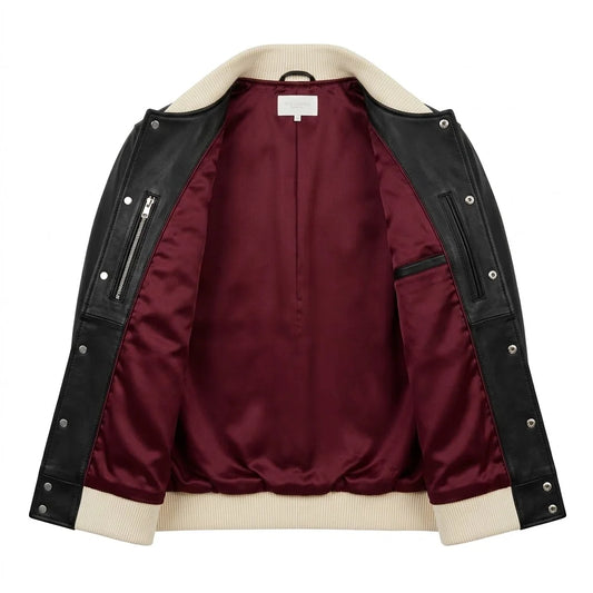 The Lennox mens black genuine leather varsity jacket inner burgundy wine satin lining ghost mannequin by Trico Gear