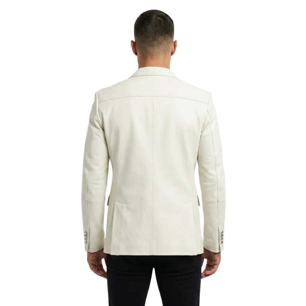 The Monaco mens genuine white cowhide leather blazer back view center vent and white saddle stitching by Trico Gear