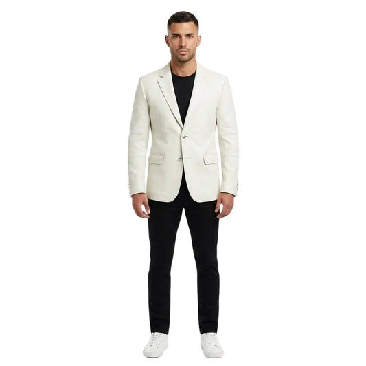 The Monaco mens genuine white cowhide leather blazer front view slim tailored silver chrome buttons by Trico Gear