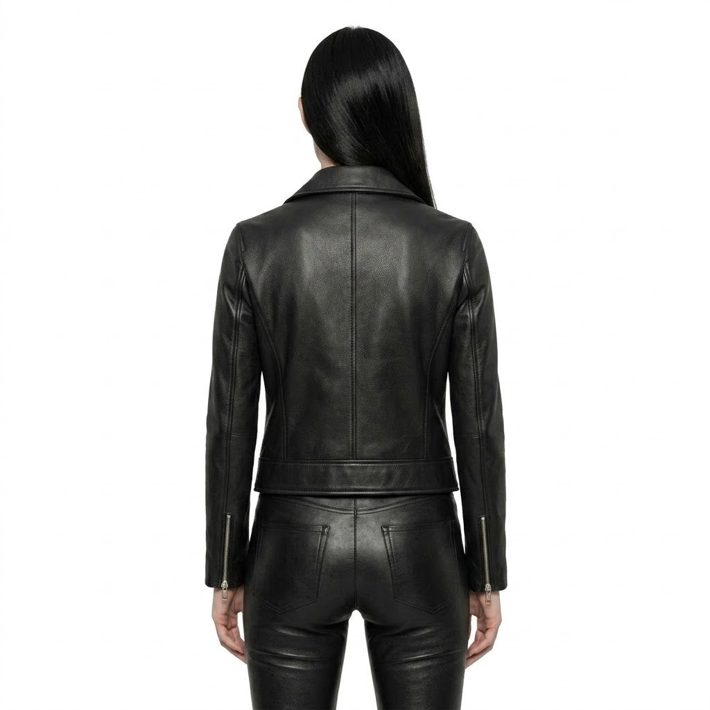 The Nova womens genuine black cowhide leather cropped jacket back view structured shoulders cropped hem by Trico Gear