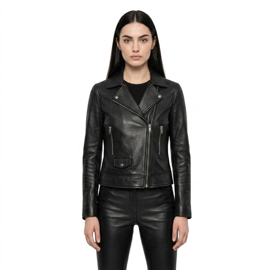 The Nova womens genuine black cowhide leather cropped jacket front view notch lapels silver zipper hardware by Trico Gear