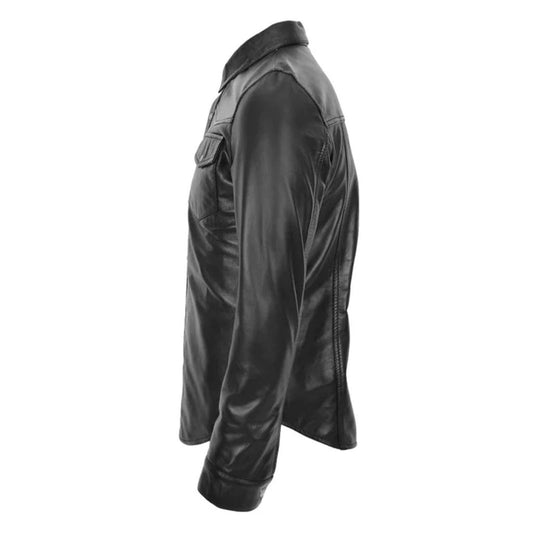 Side profile angle of the mens black leather shirt jacket highlighting its comfortable armhole fit, tailored sleeves with snap cuffs, and curved shirttail hemline