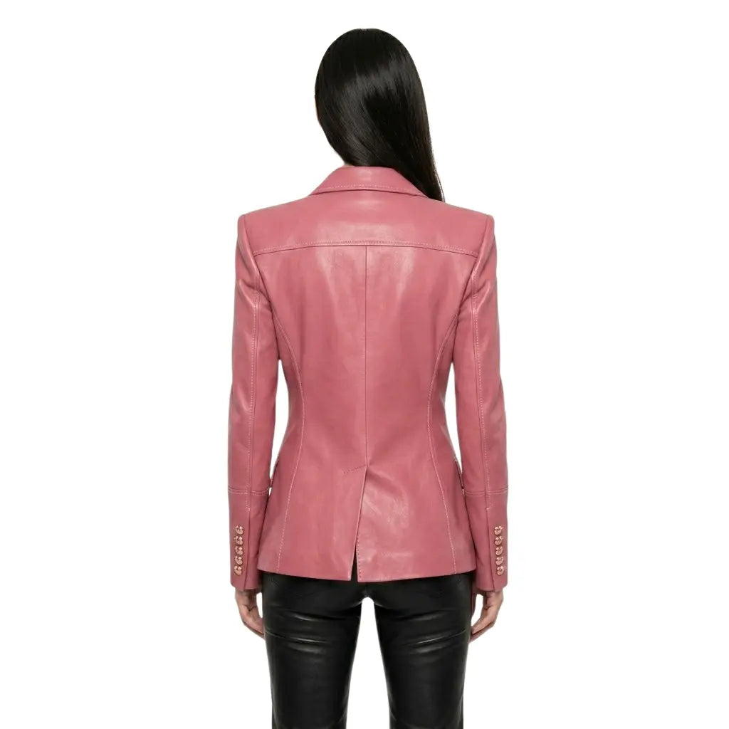 The Rose womens genuine pink cowhide leather blazer back view fitted waist center vent white stitching by Trico Gear