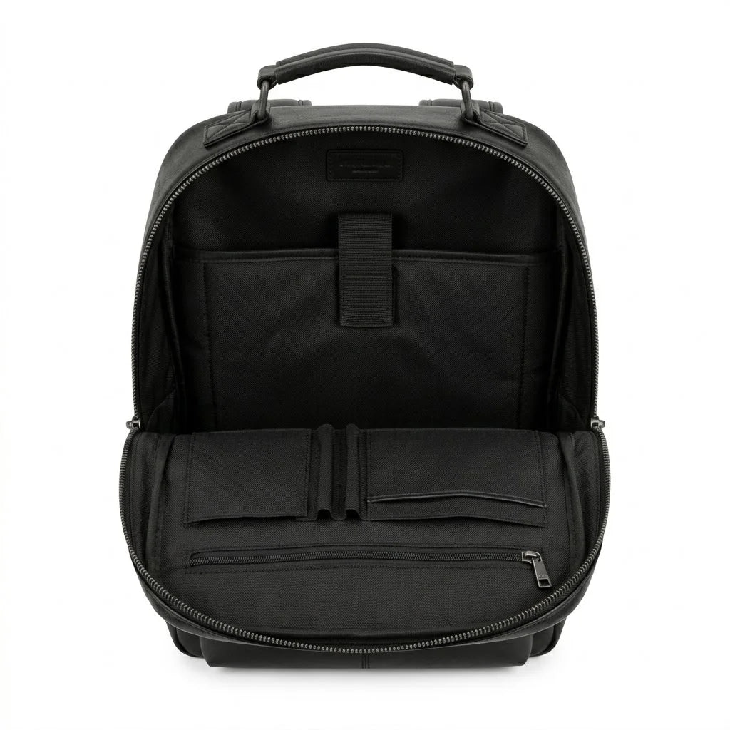 The Sterling genuine black leather backpack open interior black lining padded laptop sleeve organiser panel by Trico Gear