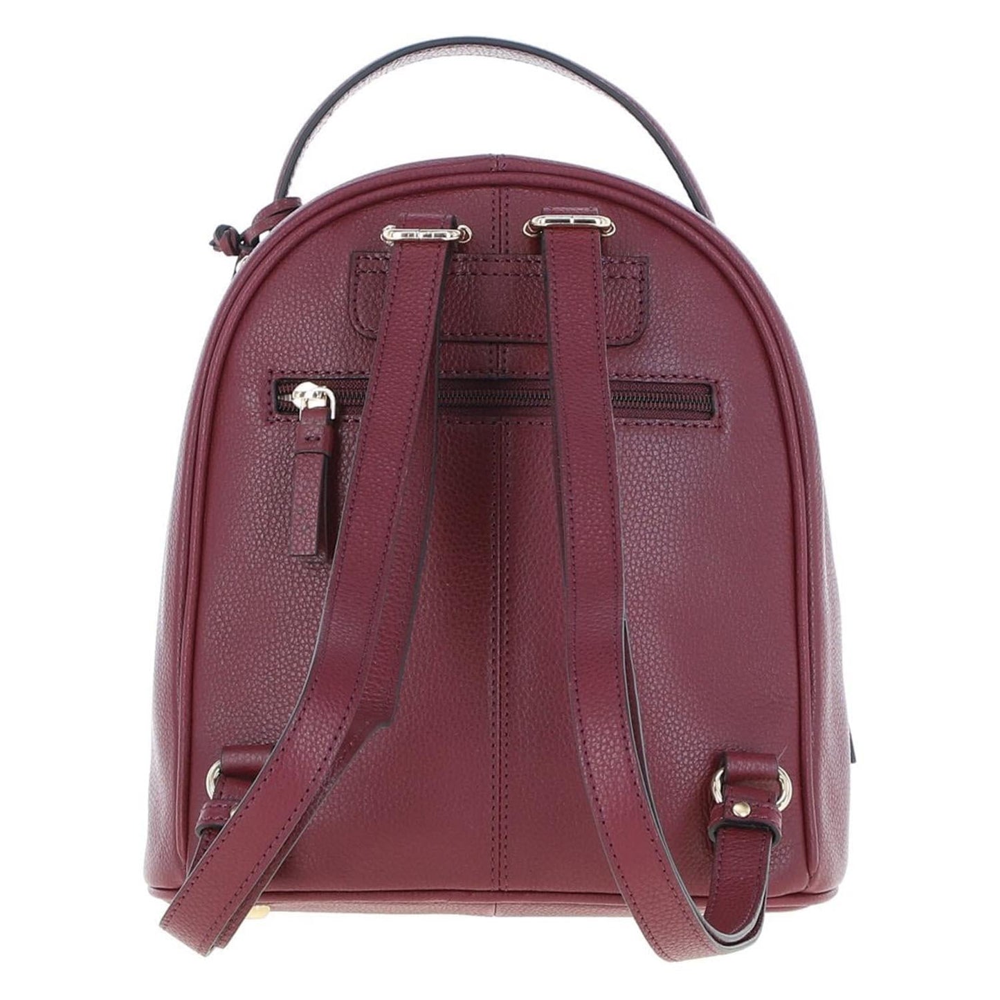 Back view of The Verona Real Leather Small Burgundy Backpack showcasing the matching adjustable shoulder straps, structured center vertical seams, and a secure hidden horizontal zip compartment