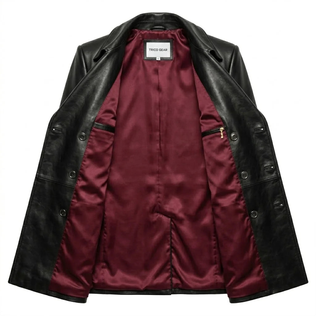 The Wellington mens black genuine leather peacoat ghost mannequin inner burgundy wine satin lining double breasted by Trico Gear