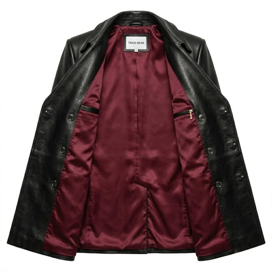 The Wellington mens black genuine leather peacoat ghost mannequin inner burgundy wine satin lining double breasted by Trico Gear