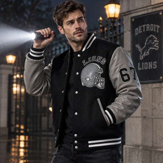 Tom Hardy Eddie Brock Venom 2 Detroit Lions varsity letterman jacket worn by a male model in a cinematic outdoor setting