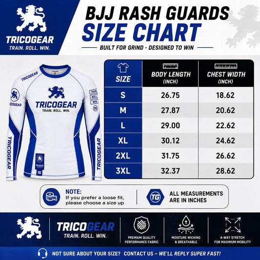 TricoGear Apex CS-04 BJJ rash guard size chart with body length and chest width