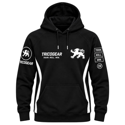 Tricogear Batch TRI 26 black BJJ hoodie front view with lion logo, sleeve graphics, and kangaroo pocket
