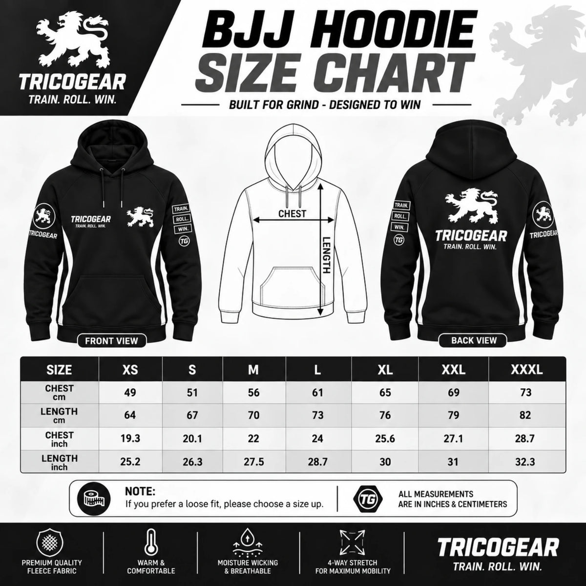 Tricogear Batch TRI 26 black BJJ hoodie size chart showing chest and length measurements from XS to XXXL