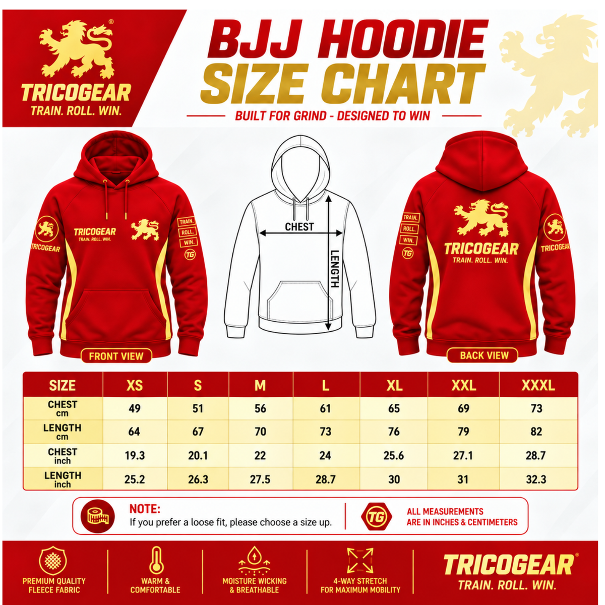 Tricogear TRI 28 R-G red and gold BJJ hoodie size chart with chest and length measurements from XS to XXXL